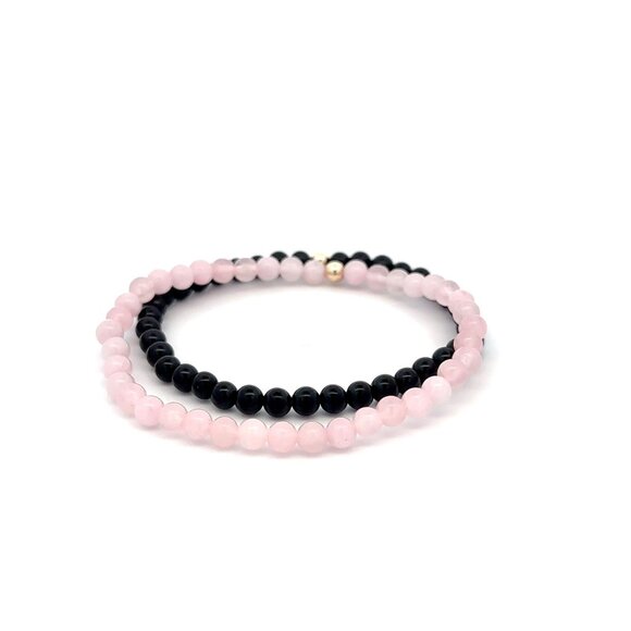 Onyx & Rose Quartz Gemstone Stretch Bracelet with 14K Gold Accent Bead Handmade - Picture 4 of 6